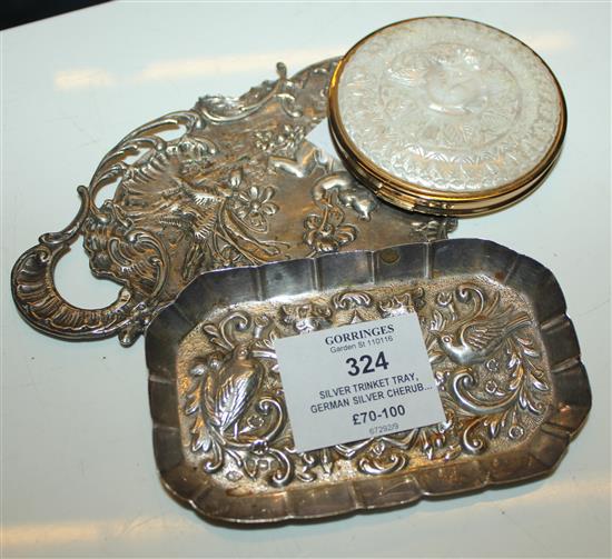 Silver trinket tray, German silver cherub dish and a compact